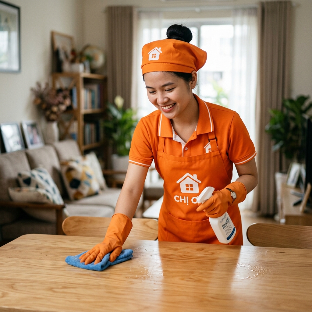 Nhân viên Chị Ơi mặc đồng phục cam đang dọn dẹp căn hộ chung cư