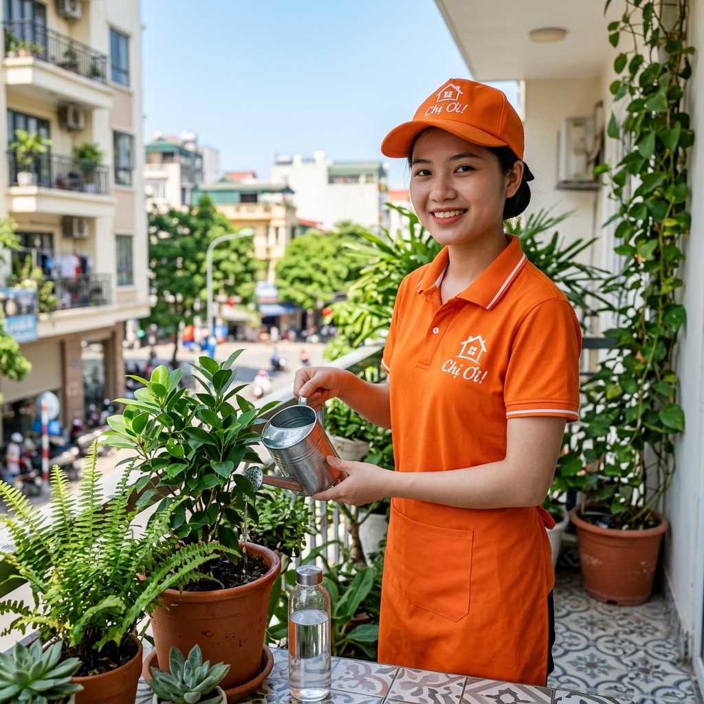 Nhân viên Chị Ơi tưới cây